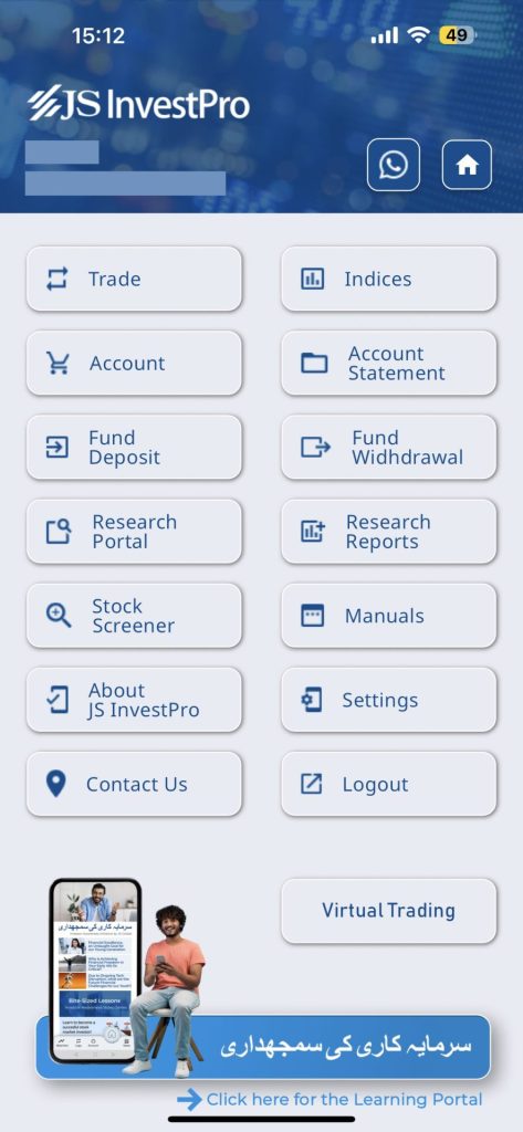 JS InvestPro menu